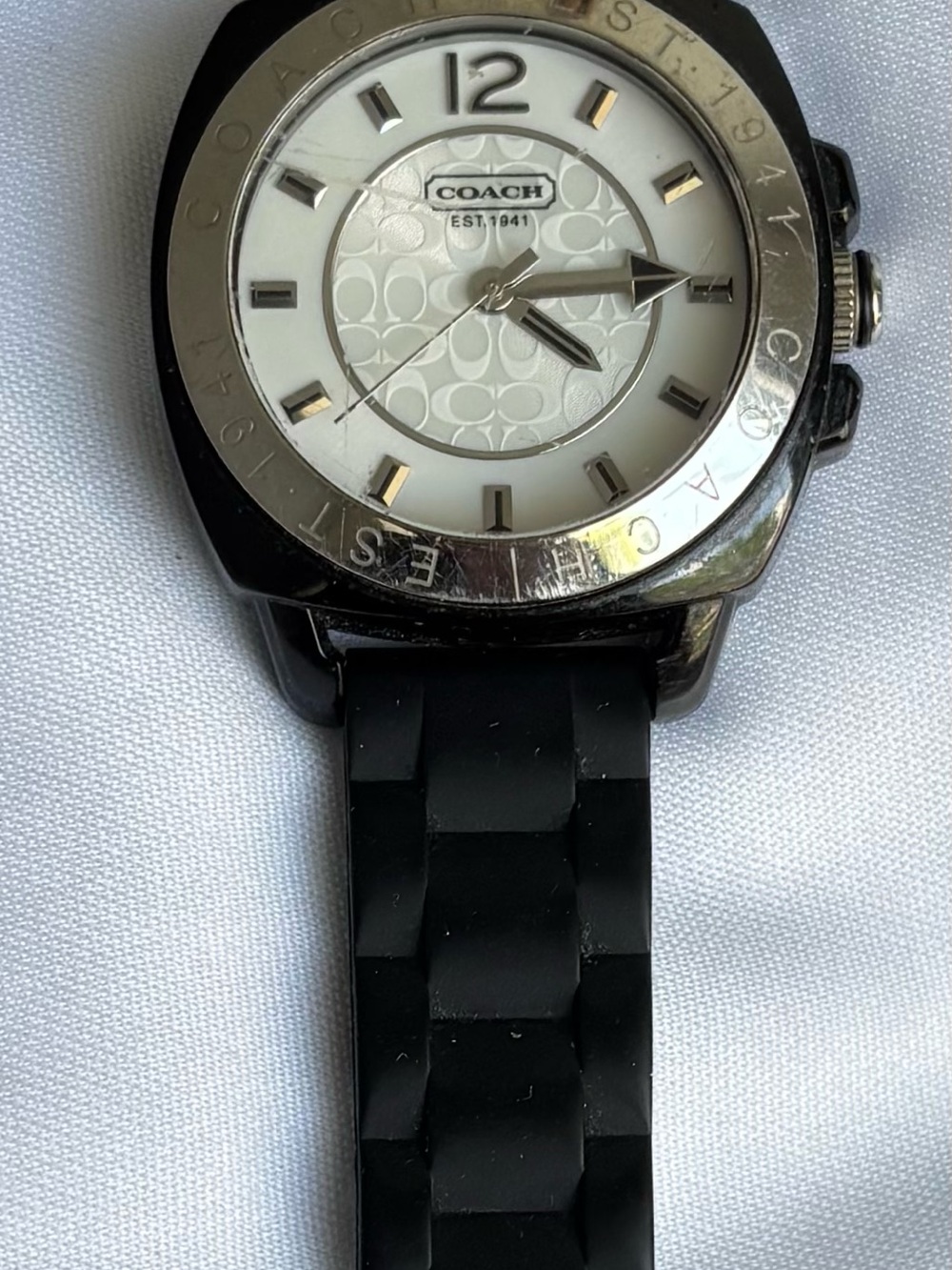 Coach Black Strap Silver-Tone Bezel White Patterned Dial Watch
